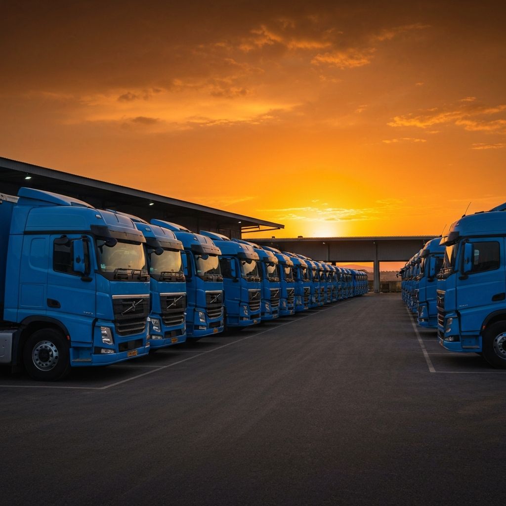 Fleet of trucks at sunset